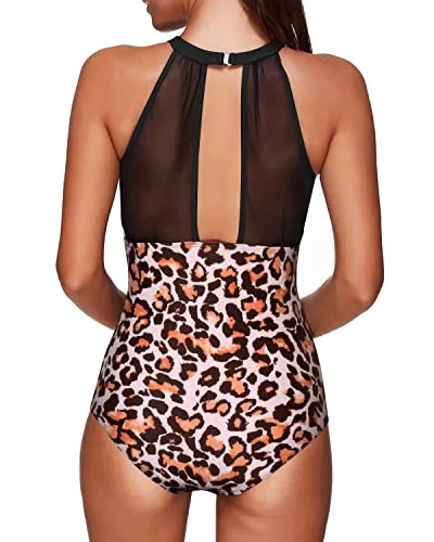 Sexy High Neck Mesh Halter One Piece Swimsuit For Women-Black And Leopard