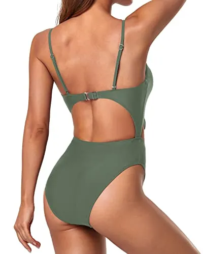 Sexy V-Neck Cutout Tie Knot Front One Piece Swimsuits-Olive Green