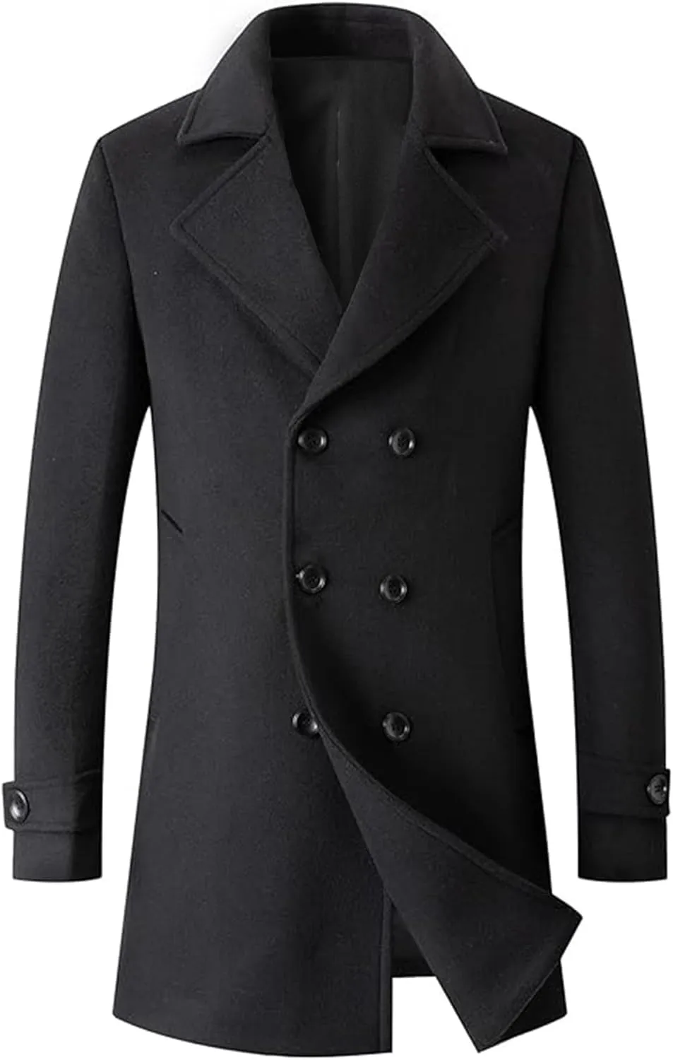 Sexyshine Mens Casual Trench Coat Double Breasted Pea Coat Notched Lapel Regular Mid Long Business Overcoat