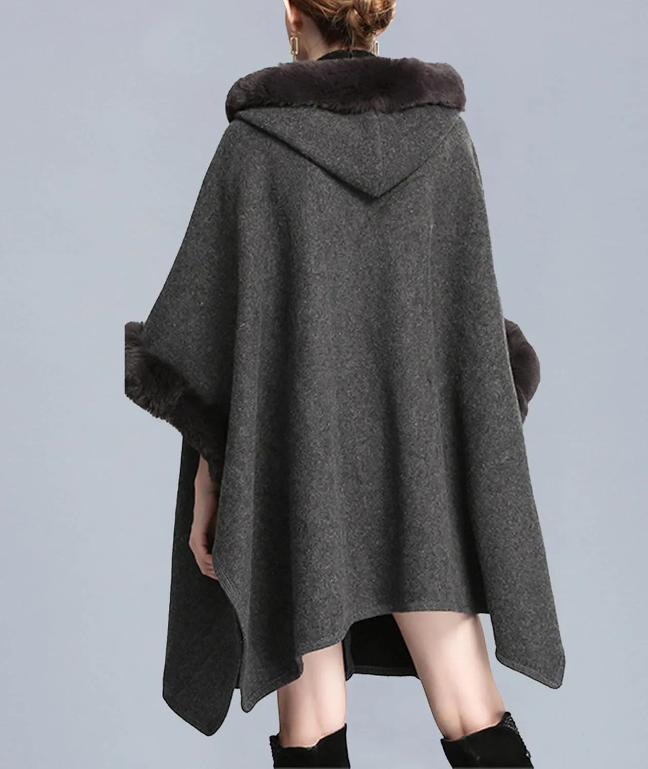 Sexyshine Women's Faux Fur Hooded Cloak Poncho Coat Loose Batwing Sleeve Woolen Shawl Wrap Sweater Cape Jacket