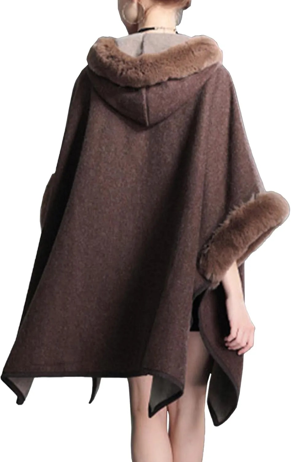 Sexyshine Women's Faux Fur Hooded Cloak Poncho Coat Loose Batwing Sleeve Woolen Shawl Wrap Sweater Cape Jacket
