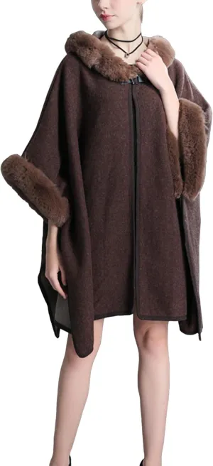 Sexyshine Women's Faux Fur Hooded Cloak Poncho Coat Loose Batwing Sleeve Woolen Shawl Wrap Sweater Cape Jacket