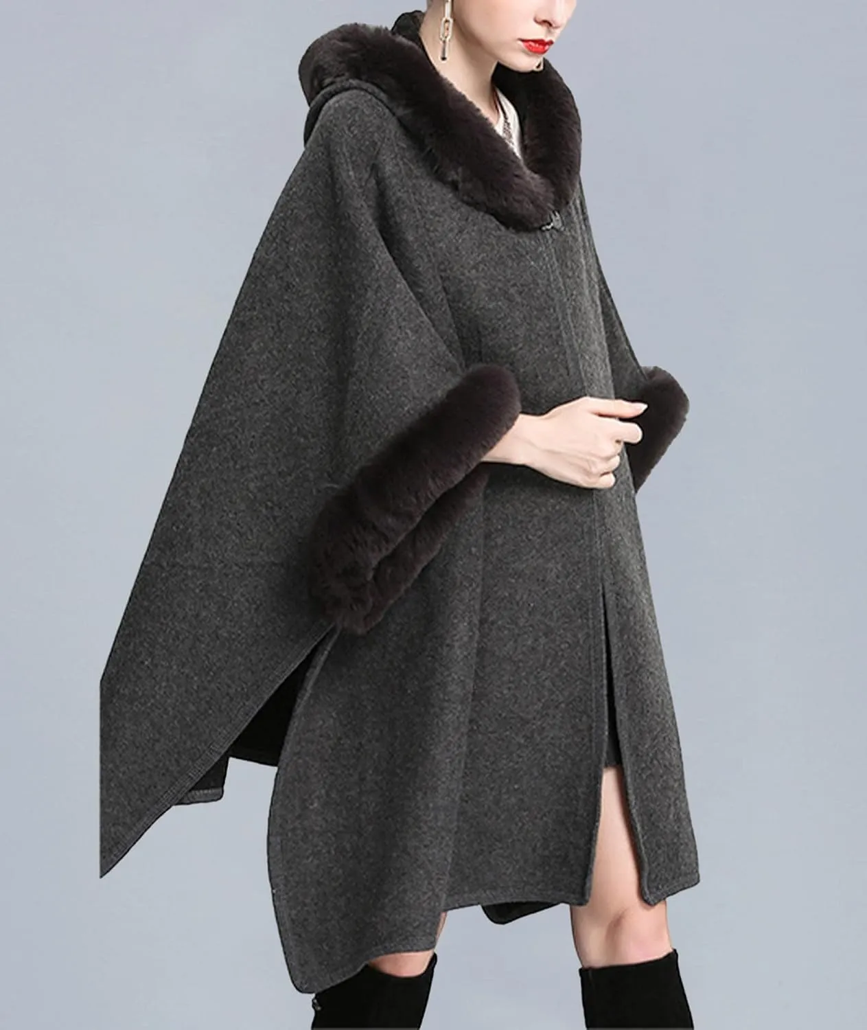 Sexyshine Women's Faux Fur Hooded Cloak Poncho Coat Loose Batwing Sleeve Woolen Shawl Wrap Sweater Cape Jacket