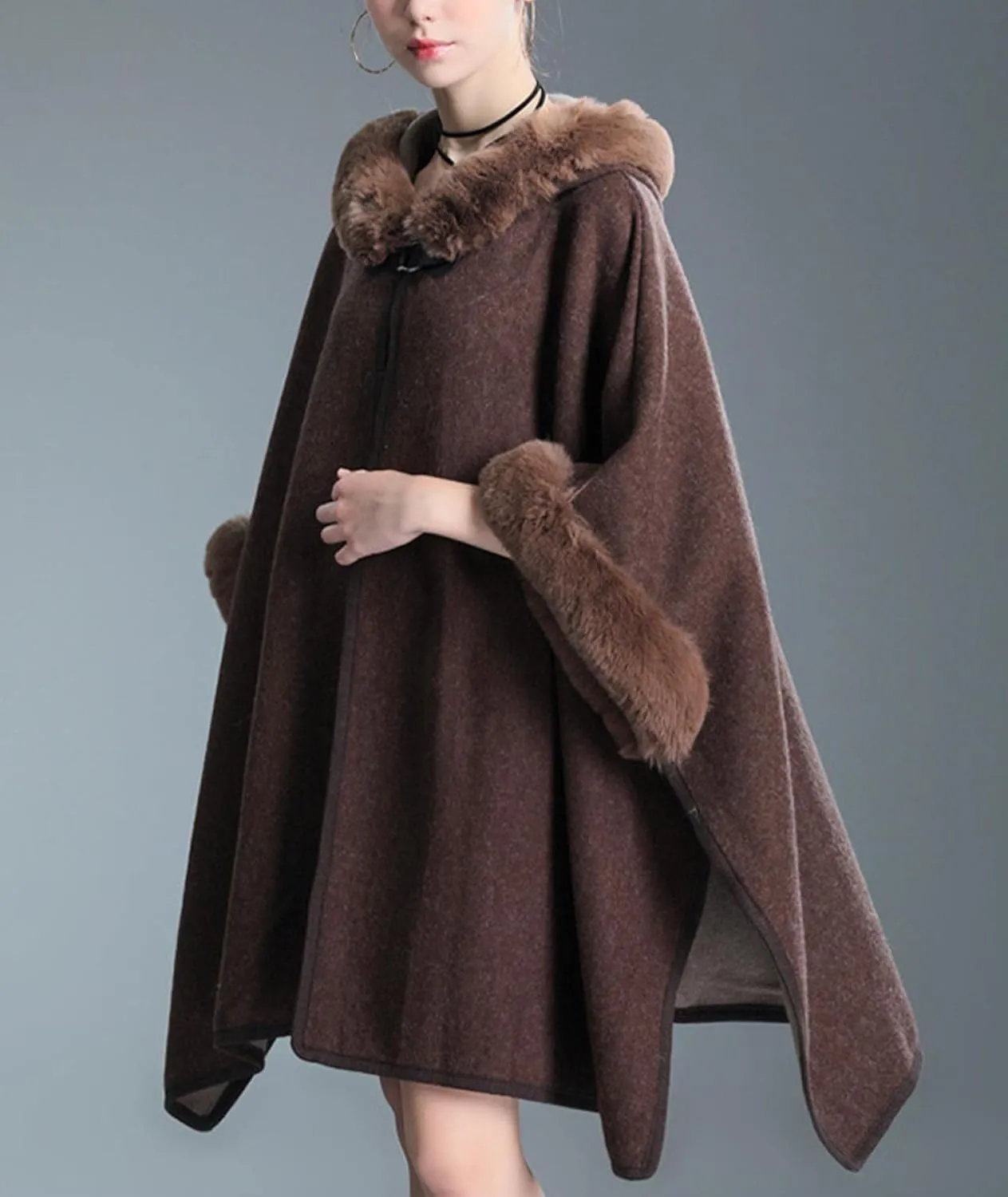 Sexyshine Women's Faux Fur Hooded Cloak Poncho Coat Loose Batwing Sleeve Woolen Shawl Wrap Sweater Cape Jacket