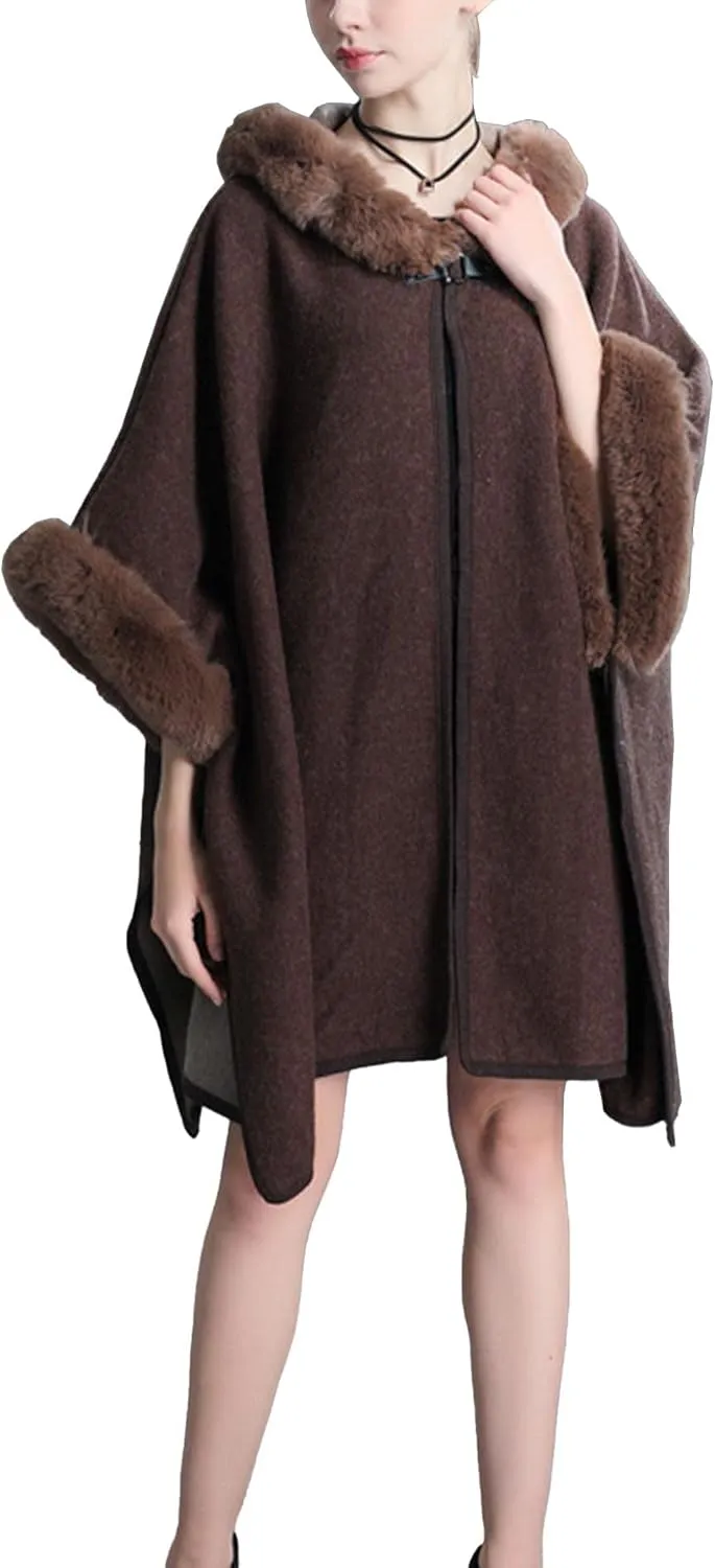 Sexyshine Women's Faux Fur Hooded Cloak Poncho Coat Loose Batwing Sleeve Woolen Shawl Wrap Sweater Cape Jacket