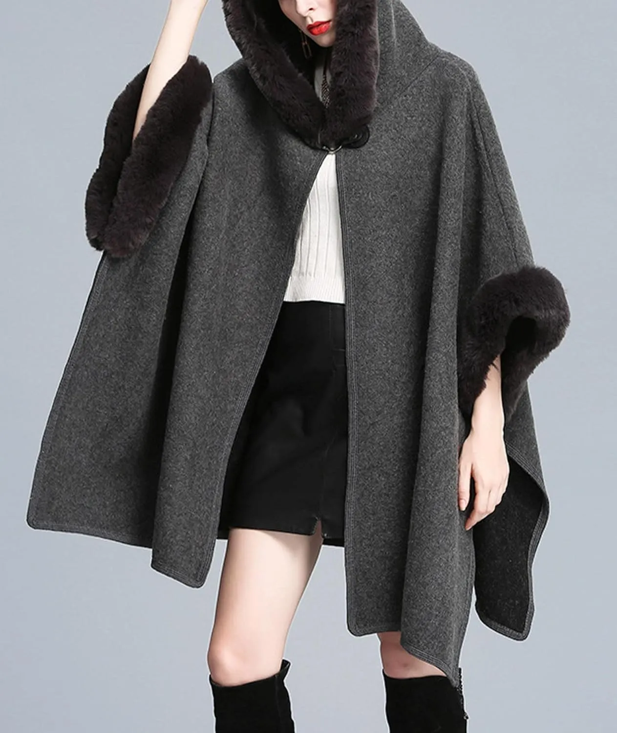 Sexyshine Women's Faux Fur Hooded Cloak Poncho Coat Loose Batwing Sleeve Woolen Shawl Wrap Sweater Cape Jacket
