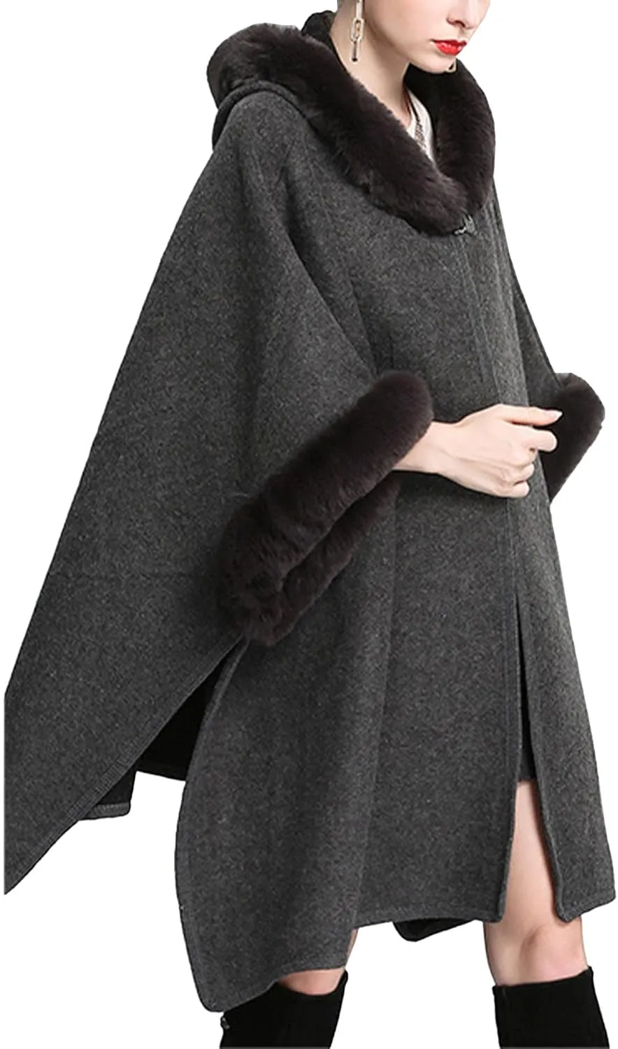 Sexyshine Women's Faux Fur Hooded Cloak Poncho Coat Loose Batwing Sleeve Woolen Shawl Wrap Sweater Cape Jacket