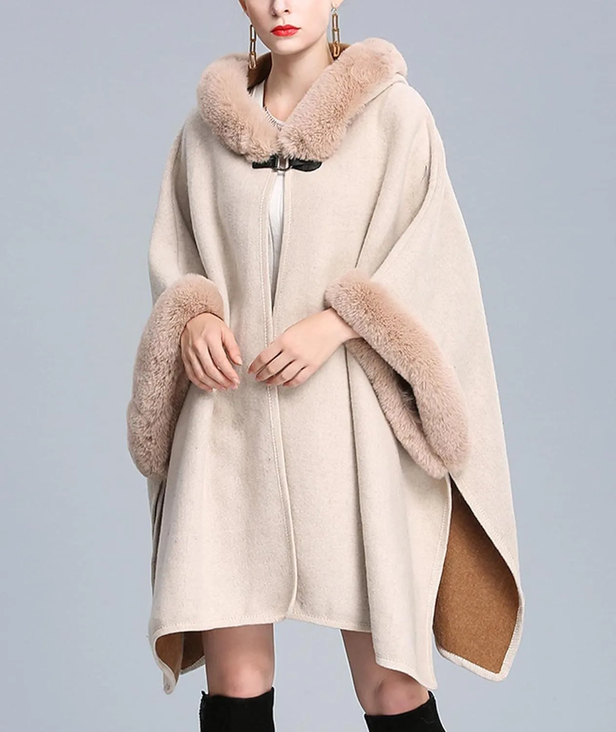 Sexyshine Women's Faux Fur Hooded Cloak Poncho Coat Loose Batwing Sleeve Woolen Shawl Wrap Sweater Cape Jacket