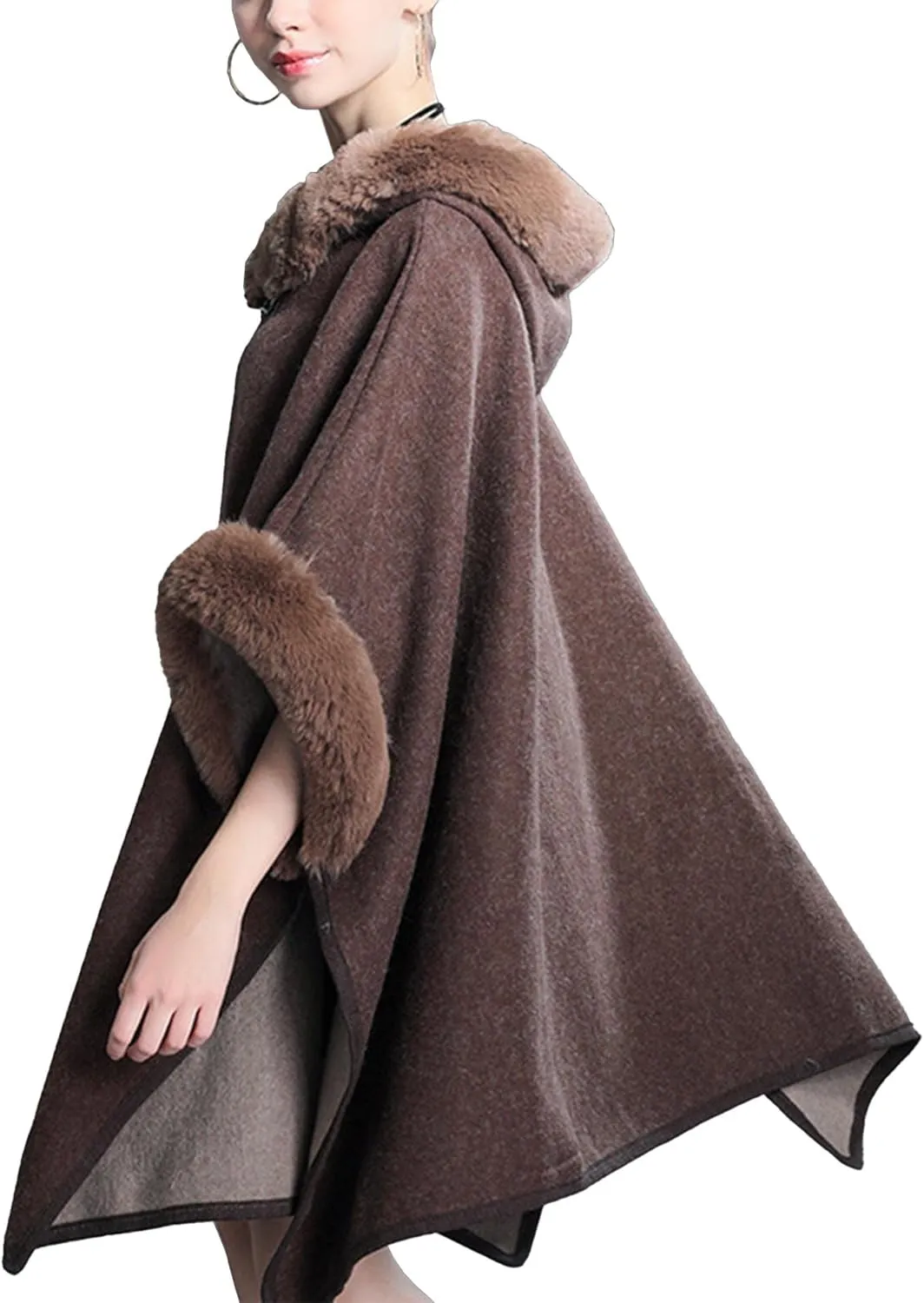 Sexyshine Women's Faux Fur Hooded Cloak Poncho Coat Loose Batwing Sleeve Woolen Shawl Wrap Sweater Cape Jacket