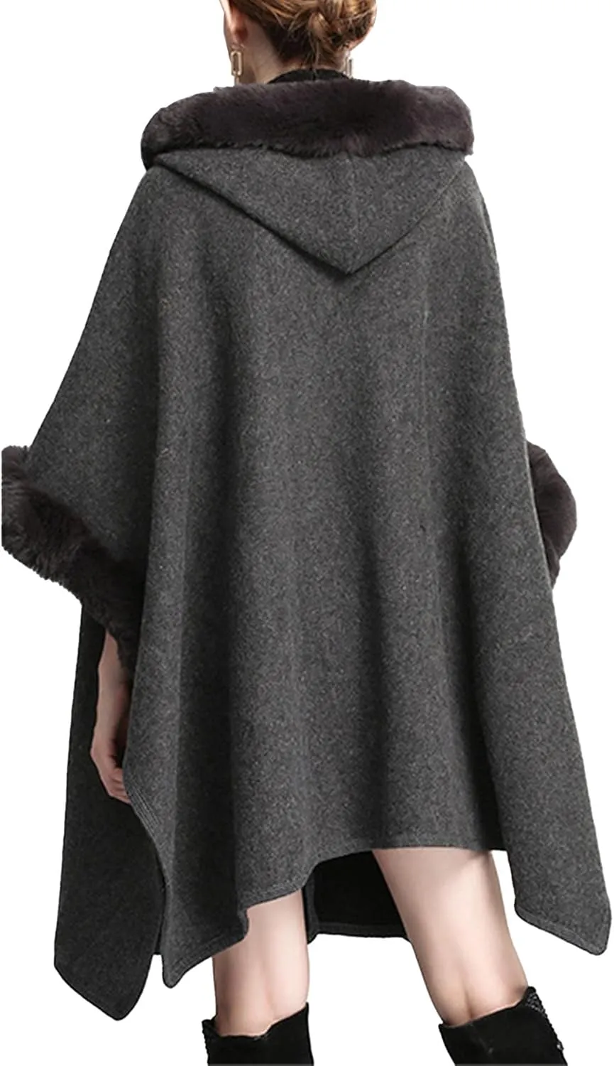 Sexyshine Women's Faux Fur Hooded Cloak Poncho Coat Loose Batwing Sleeve Woolen Shawl Wrap Sweater Cape Jacket
