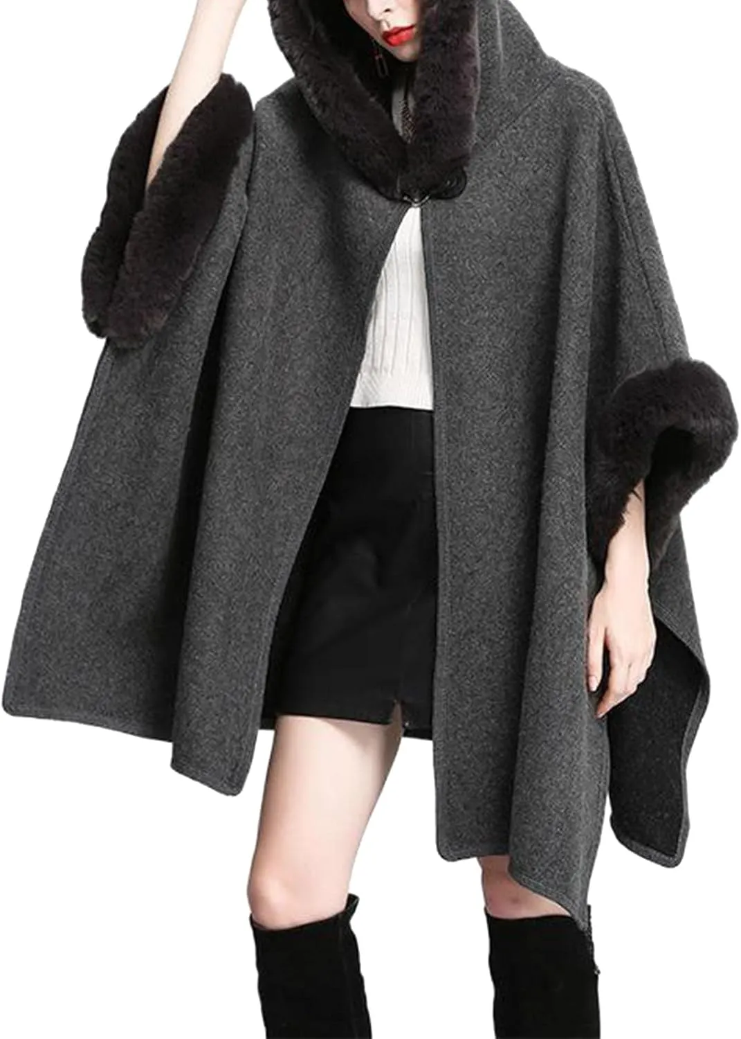 Sexyshine Women's Faux Fur Hooded Cloak Poncho Coat Loose Batwing Sleeve Woolen Shawl Wrap Sweater Cape Jacket