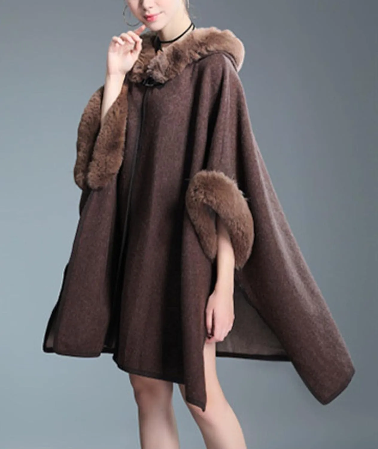 Sexyshine Women's Faux Fur Hooded Cloak Poncho Coat Loose Batwing Sleeve Woolen Shawl Wrap Sweater Cape Jacket