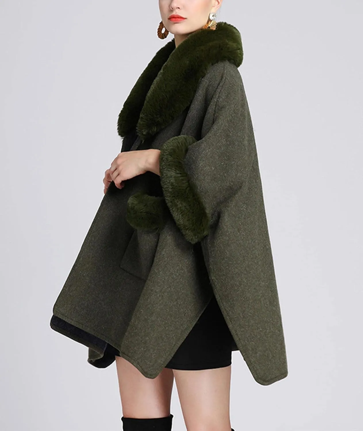 Sexyshine Women's Faux Fur Trim Cloak Poncho Coat Batwing Sleeve Pocket Oversized Woolen Shawl Wrap Cape Jacket