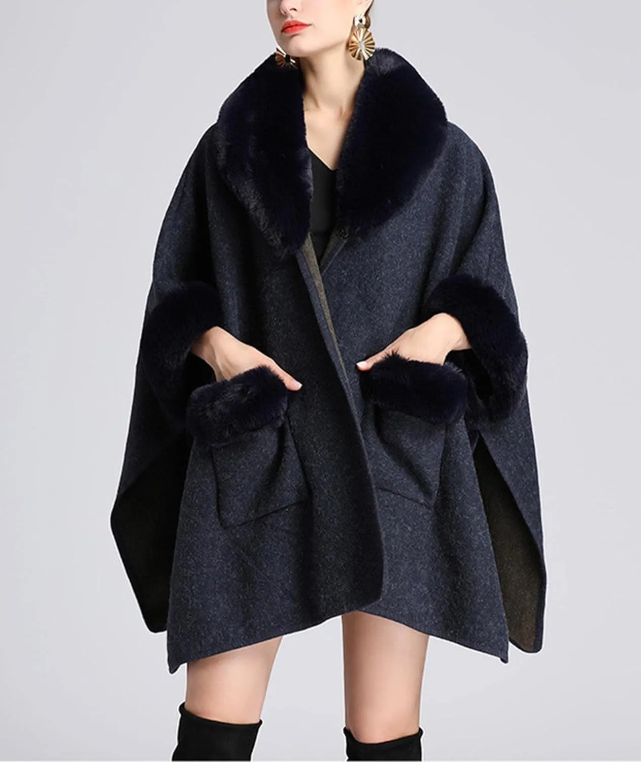Sexyshine Women's Faux Fur Trim Cloak Poncho Coat Batwing Sleeve Pocket Oversized Woolen Shawl Wrap Cape Jacket