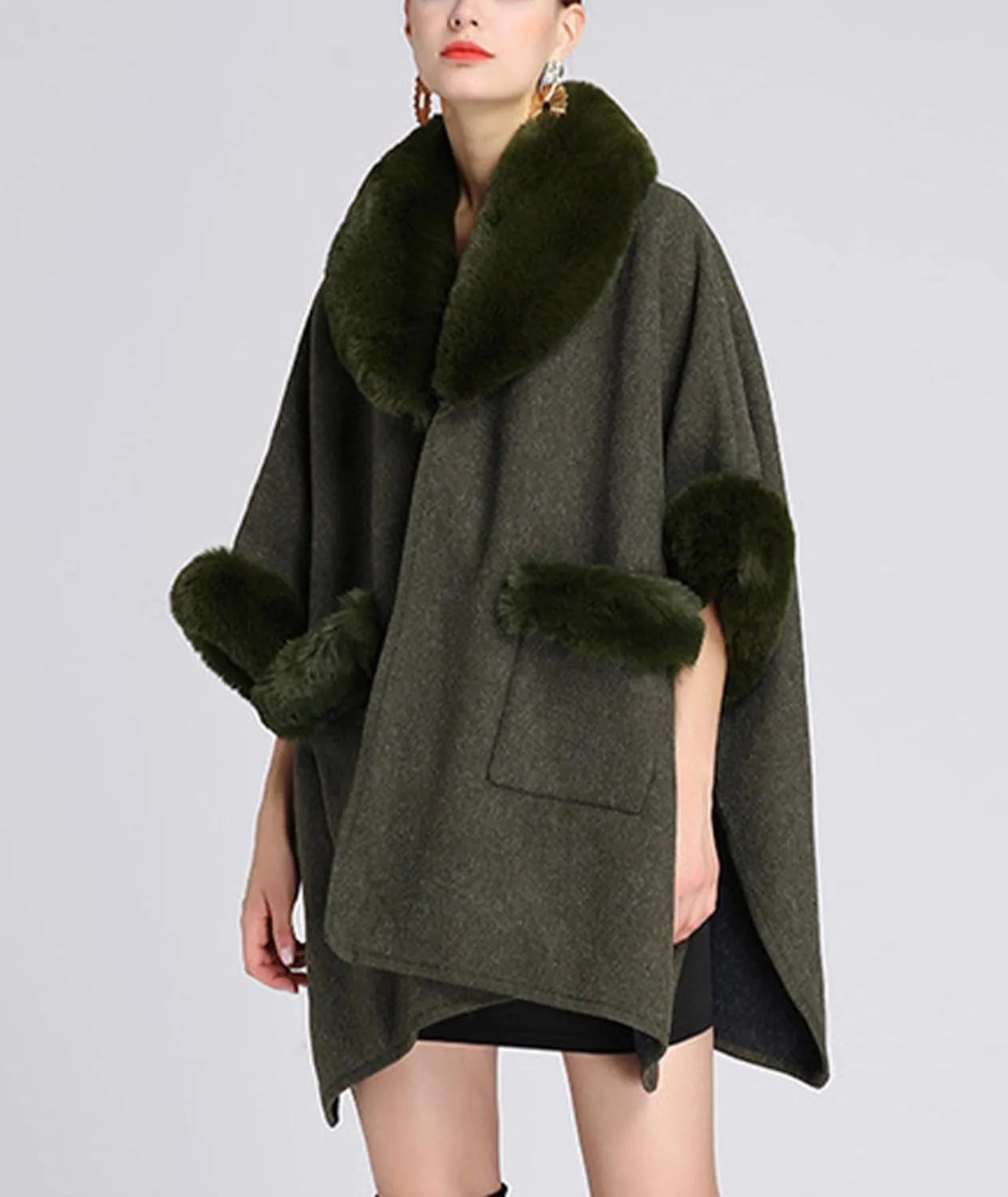 Sexyshine Women's Faux Fur Trim Cloak Poncho Coat Batwing Sleeve Pocket Oversized Woolen Shawl Wrap Cape Jacket