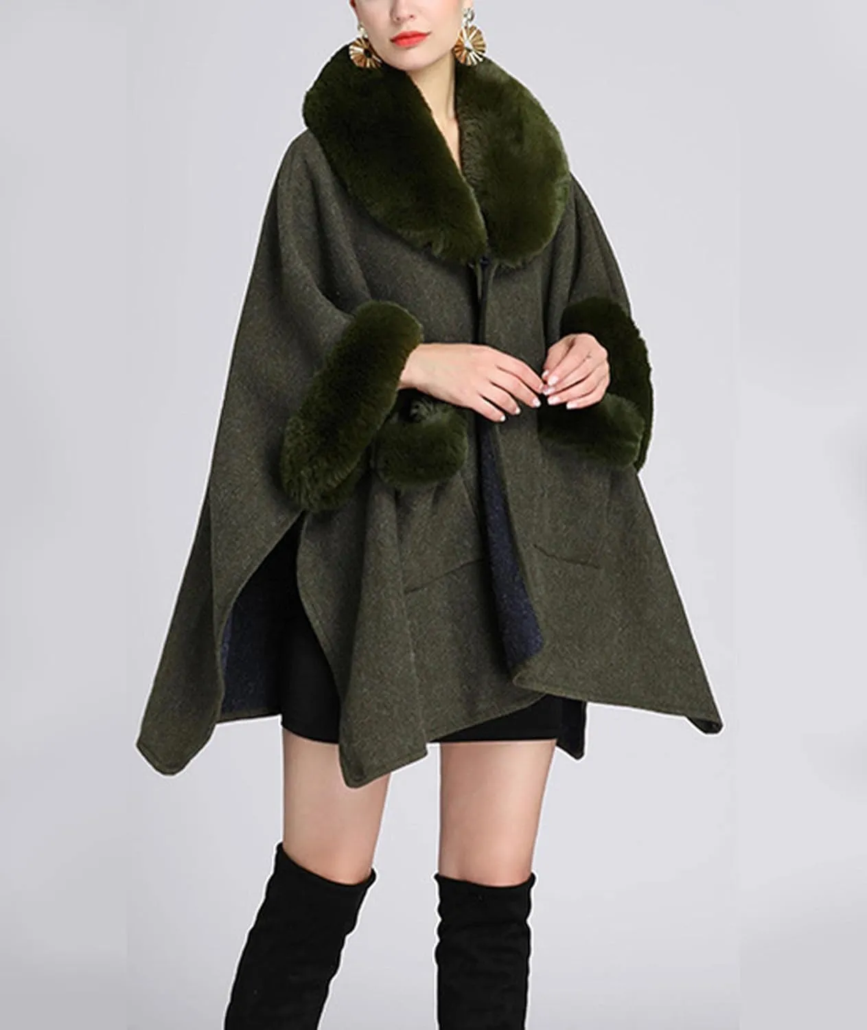 Sexyshine Women's Faux Fur Trim Cloak Poncho Coat Batwing Sleeve Pocket Oversized Woolen Shawl Wrap Cape Jacket