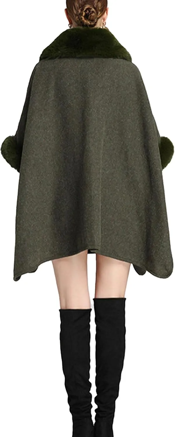 Sexyshine Women's Faux Fur Trim Cloak Poncho Coat Batwing Sleeve Pocket Oversized Woolen Shawl Wrap Cape Jacket