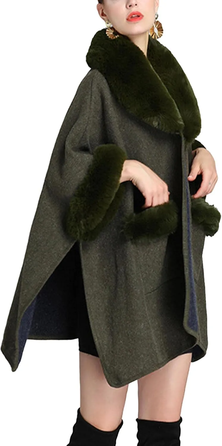 Sexyshine Women's Faux Fur Trim Cloak Poncho Coat Batwing Sleeve Pocket Oversized Woolen Shawl Wrap Cape Jacket