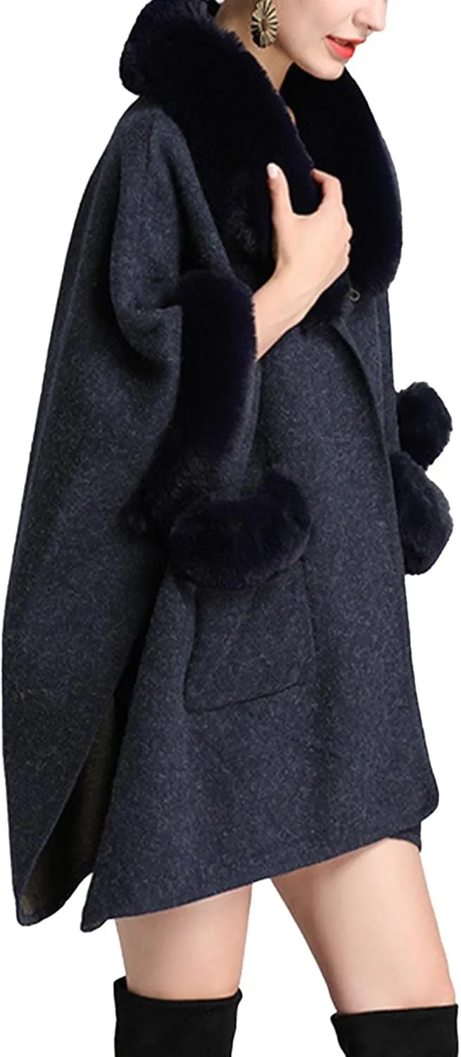 Sexyshine Women's Faux Fur Trim Cloak Poncho Coat Batwing Sleeve Pocket Oversized Woolen Shawl Wrap Cape Jacket