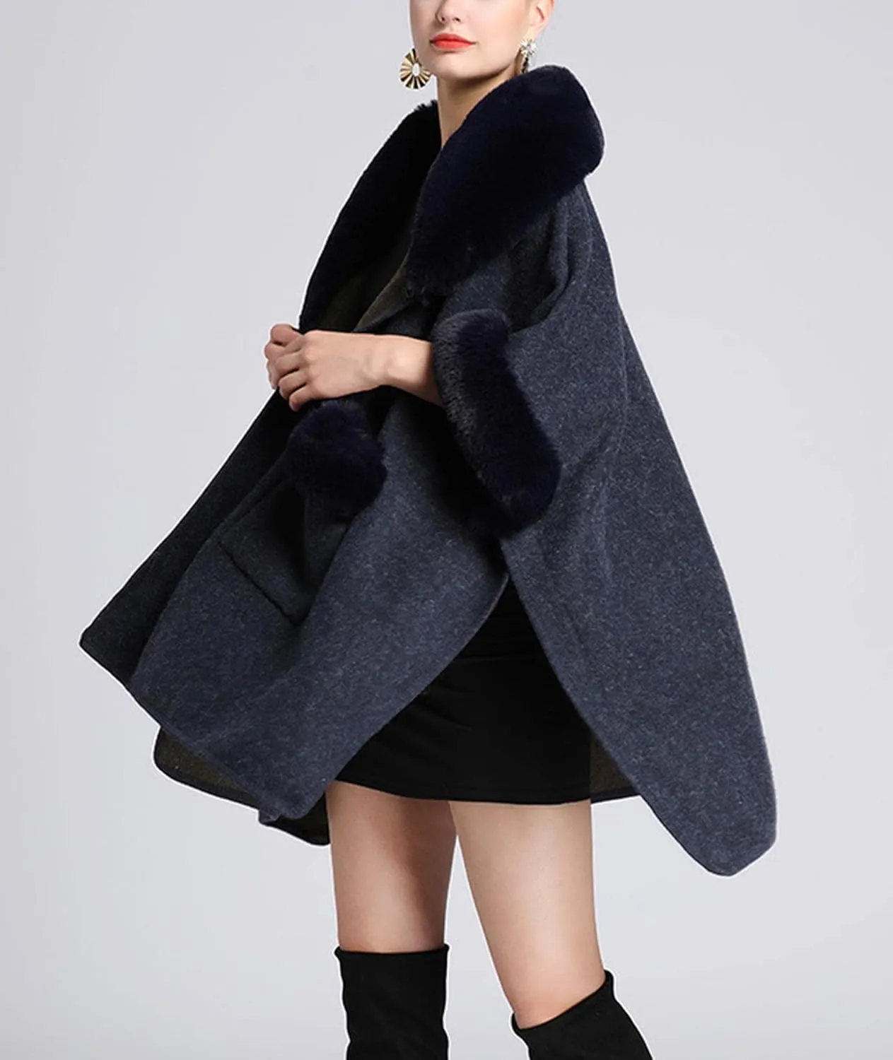 Sexyshine Women's Faux Fur Trim Cloak Poncho Coat Batwing Sleeve Pocket Oversized Woolen Shawl Wrap Cape Jacket