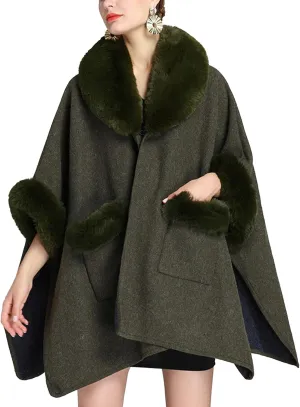 Sexyshine Women's Faux Fur Trim Cloak Poncho Coat Batwing Sleeve Pocket Oversized Woolen Shawl Wrap Cape Jacket