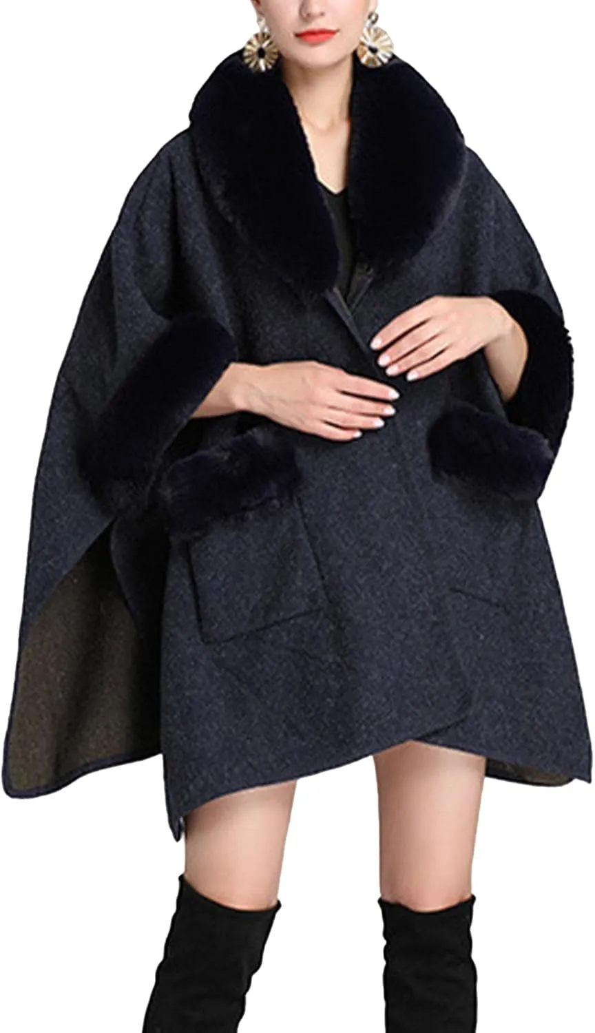 Sexyshine Women's Faux Fur Trim Cloak Poncho Coat Batwing Sleeve Pocket Oversized Woolen Shawl Wrap Cape Jacket