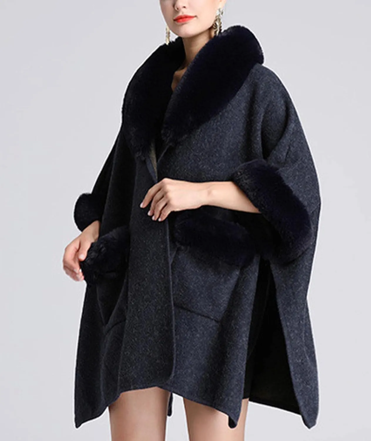 Sexyshine Women's Faux Fur Trim Cloak Poncho Coat Batwing Sleeve Pocket Oversized Woolen Shawl Wrap Cape Jacket