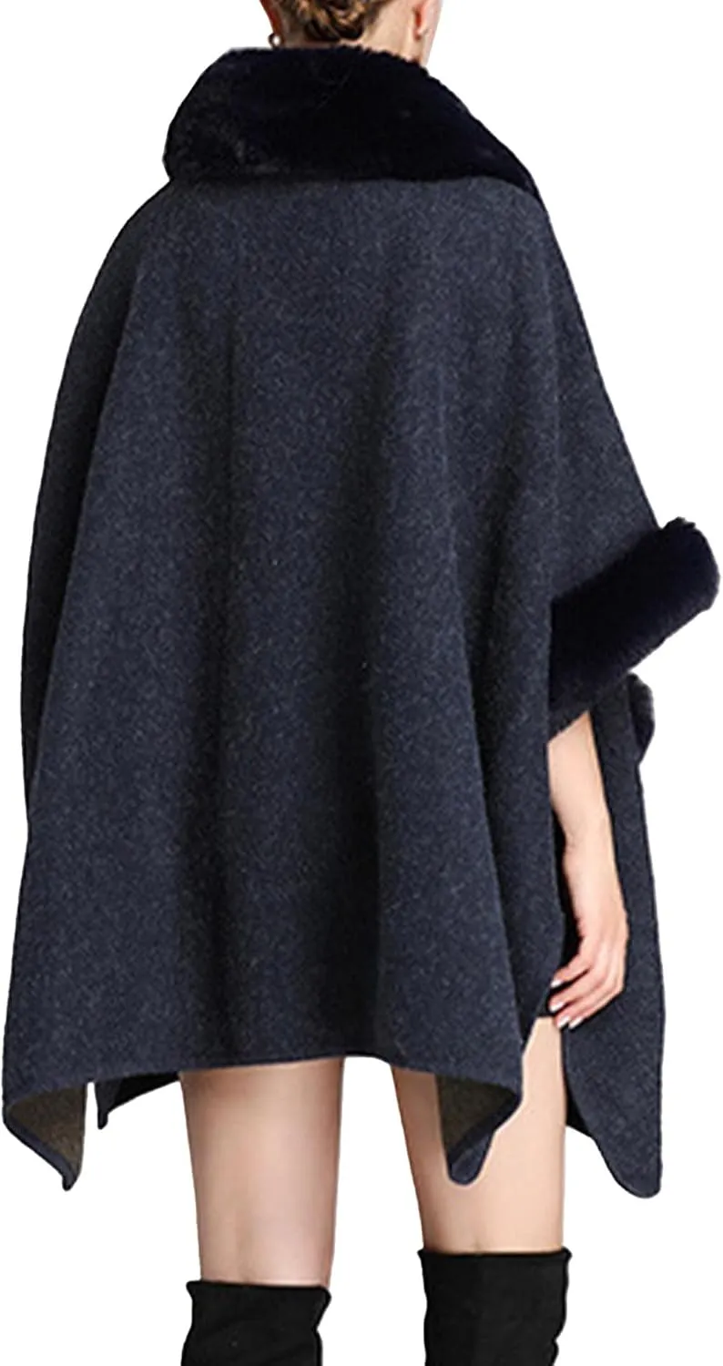 Sexyshine Women's Faux Fur Trim Cloak Poncho Coat Batwing Sleeve Pocket Oversized Woolen Shawl Wrap Cape Jacket