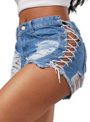 Sexyshine Women's Sexy Casual Hot Pants Cut Off Ripped Hole Lace Up Bandage Jeans Denim Shorts Clubwear