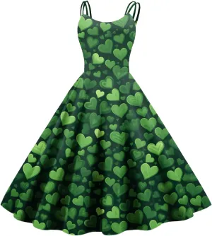 Shamrock Dress Women Cute Off Shoulder Sleeveless Vintage Midi Swing St Patricks Day Print A-Line Dresses
