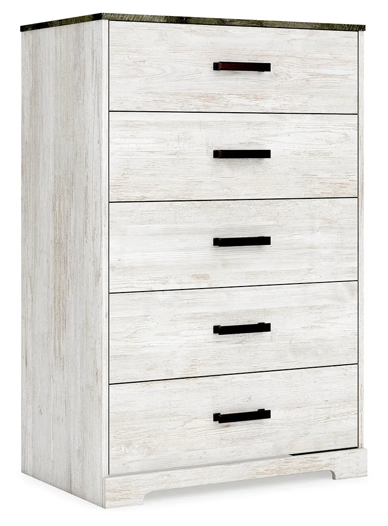 Shawburn Queen Panel Headboard with Dresser, Chest and Nightstand in Whitewash