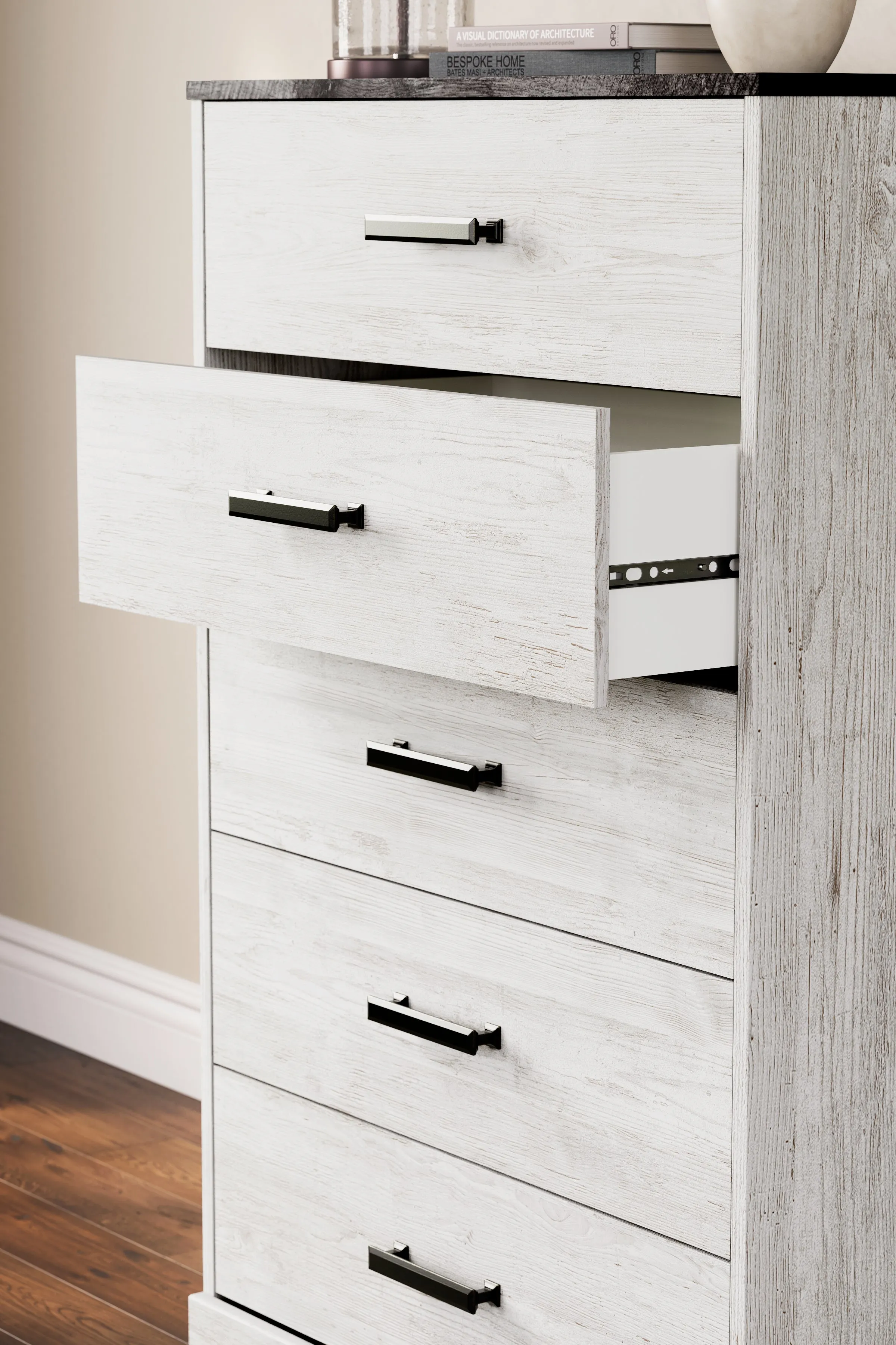 Shawburn Queen Panel Headboard with Dresser, Chest and Nightstand in Whitewash