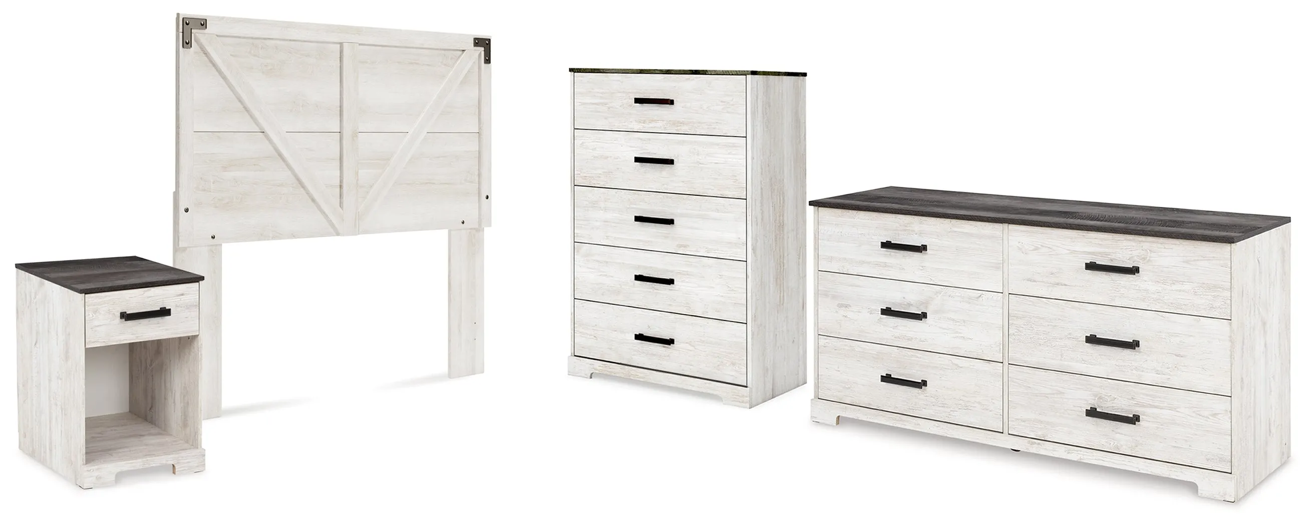 Shawburn Queen Panel Headboard with Dresser, Chest and Nightstand in Whitewash