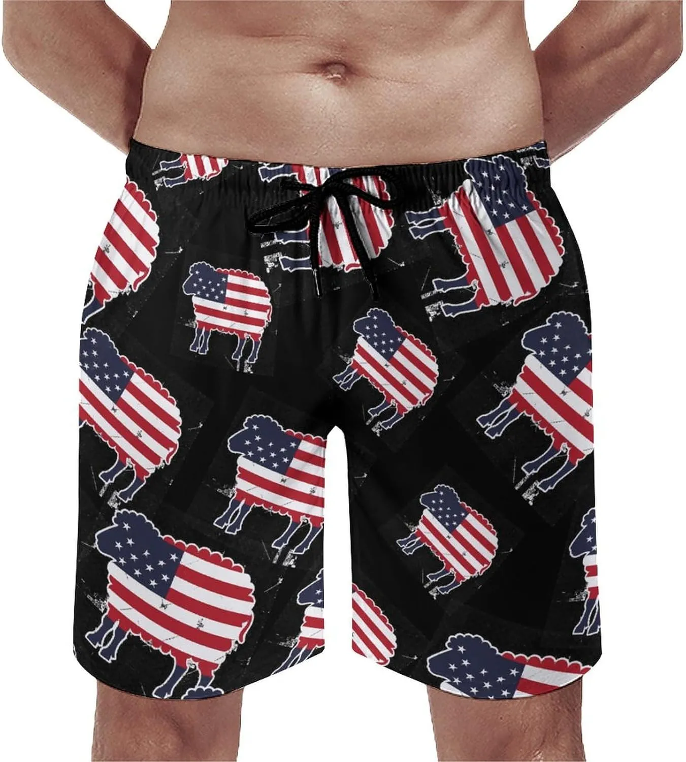 Sheep in American Flag USA Men's Swim Trunks Quick Dry Board Shorts Breathable Summer Beach Shorts Bathing Suits