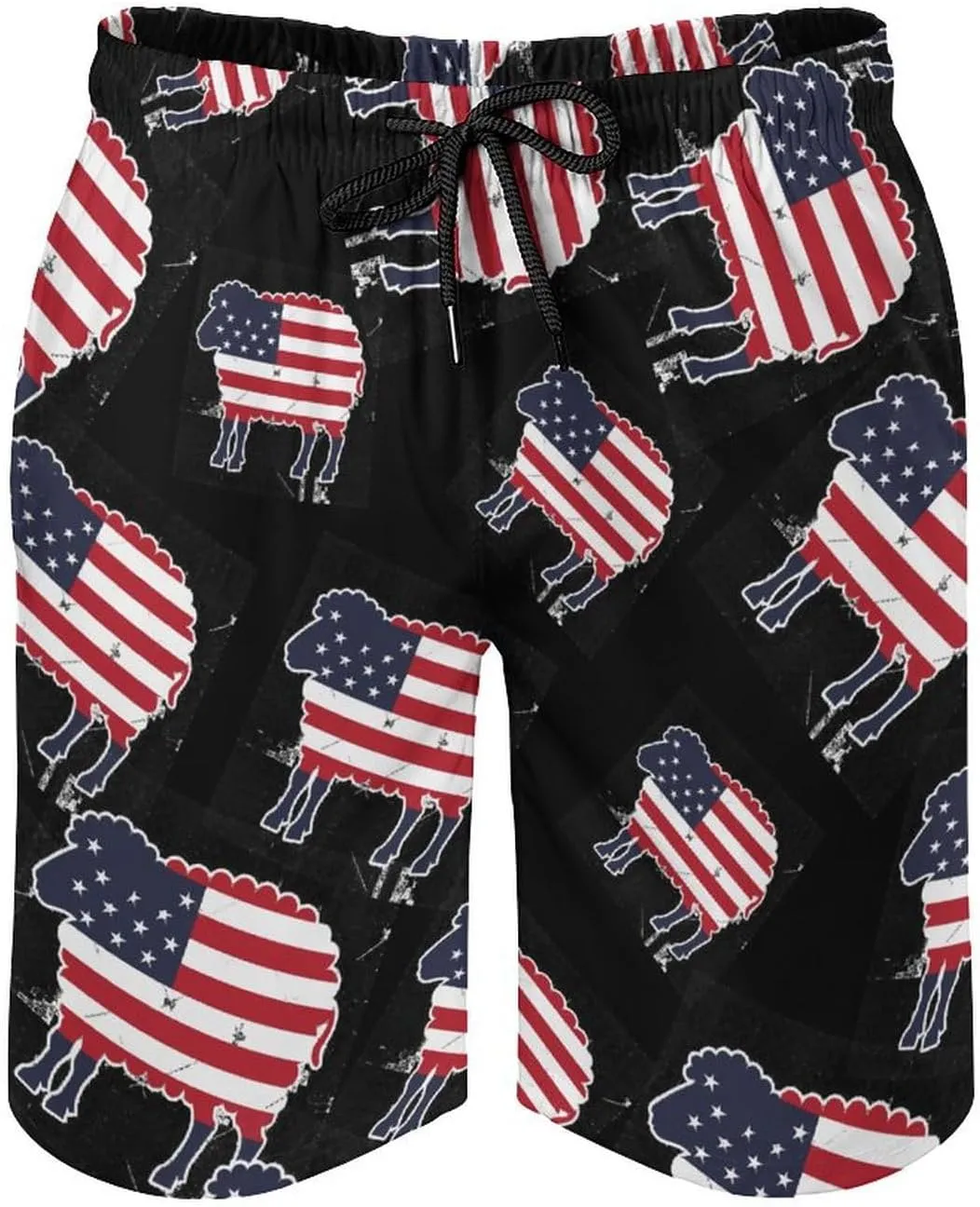 Sheep in American Flag USA Men's Swim Trunks Quick Dry Board Shorts Breathable Summer Beach Shorts Bathing Suits