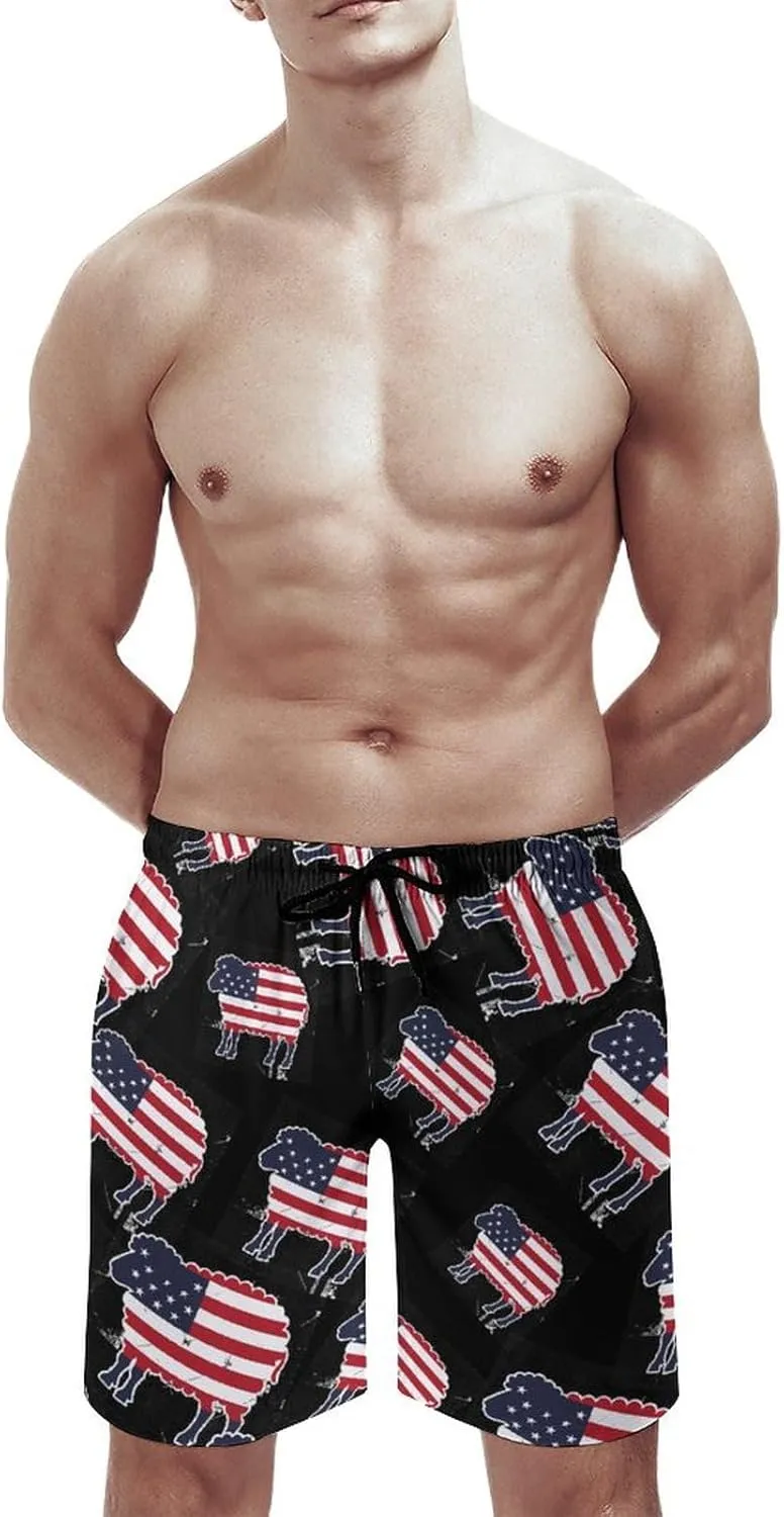 Sheep in American Flag USA Men's Swim Trunks Quick Dry Board Shorts Breathable Summer Beach Shorts Bathing Suits