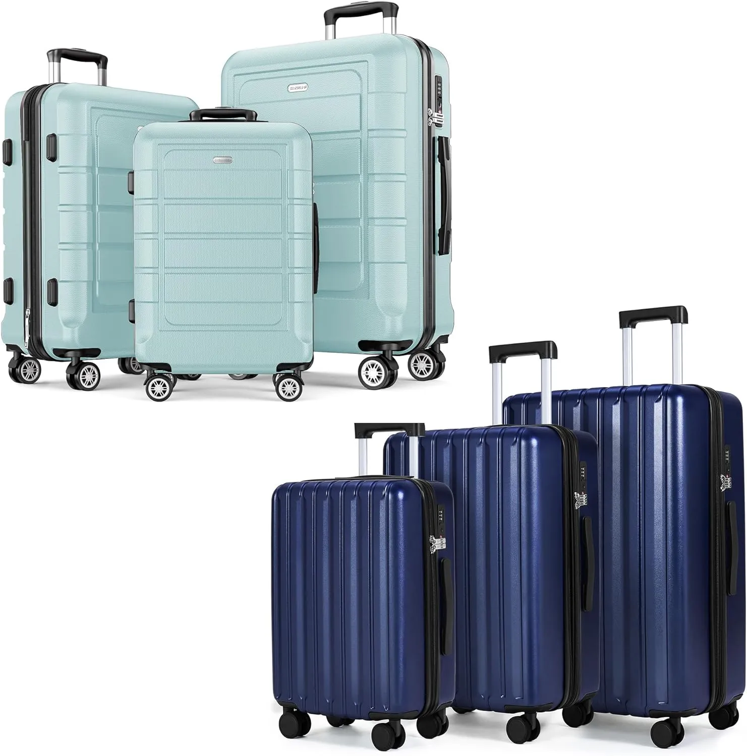 SHOWKOO Luggage Sets 100% PC & PC ABS Expandable Suitcase Sets Double Spinner Wheels TSA Lock 3pcs 3pcs Mint Green & Blue