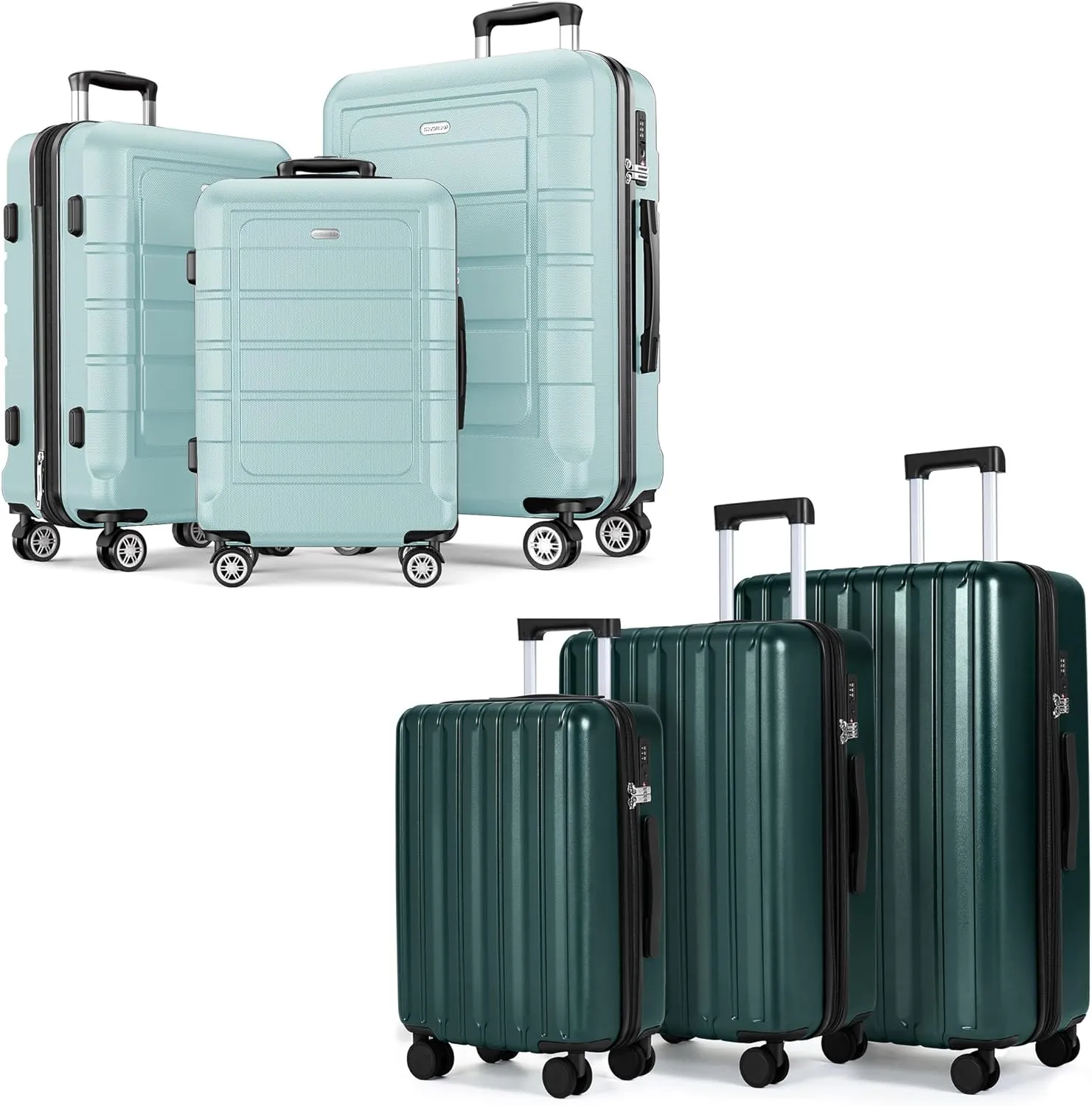 SHOWKOO Luggage Sets 100% PC & PC ABS Expandable Suitcase Sets Double Spinner Wheels TSA Lock 3pcs 3pcs Mint Green & Dark Green