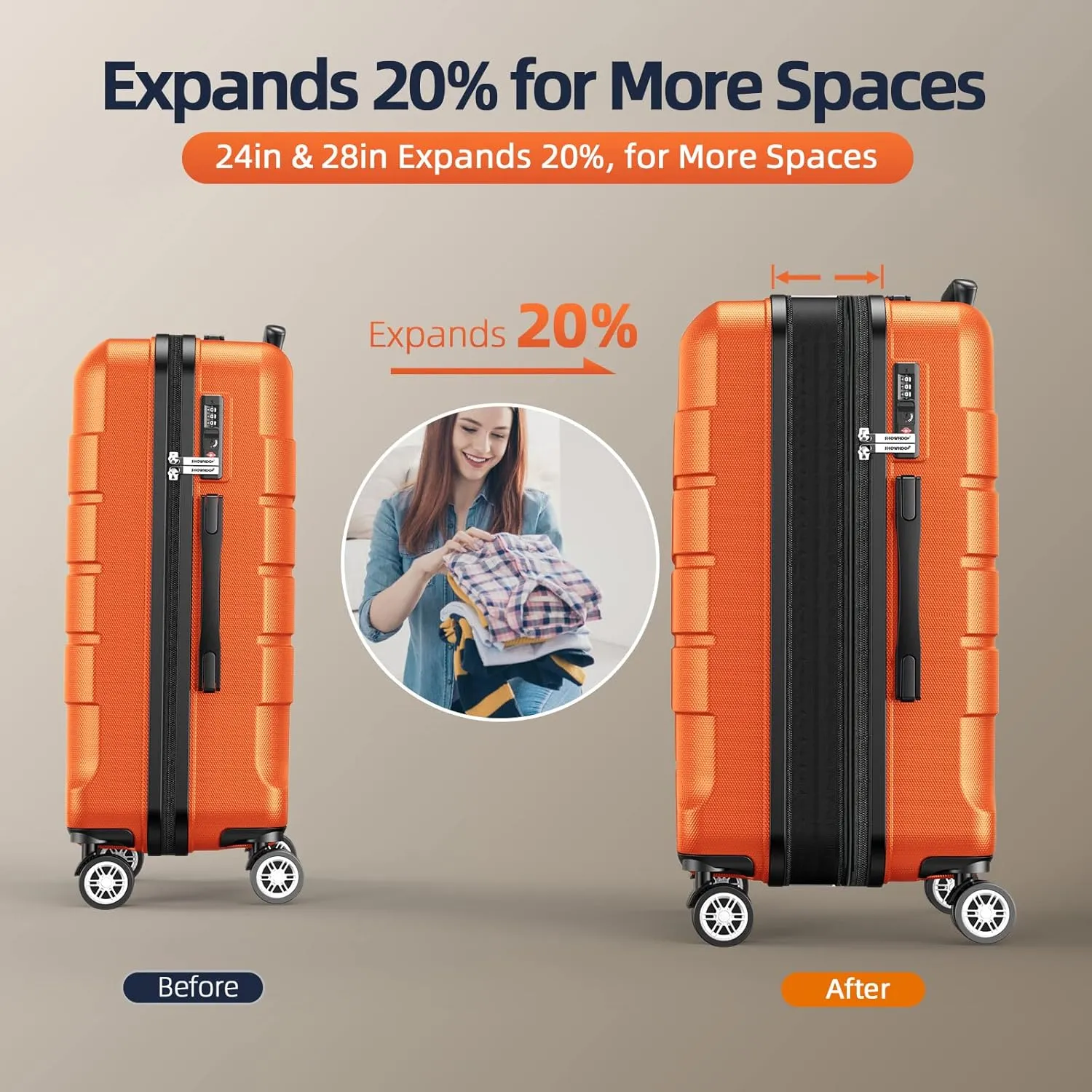 SHOWKOO Luggage Sets Expandable PC ABS Durable Suitcase Sets Double Wheels TSA Lock 4 Piece Luggage Set Orange