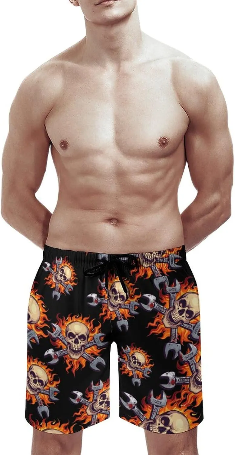 Skull Wrench Flames Mechanic Men's Swim Trunks Quick Dry Board Shorts Breathable Summer Beach Shorts Bathing Suits