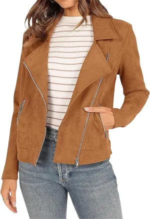 Smoneyful Womens Faux Leather Jacket Long Sleeve Bomber Jacket Lightweight Zipper Motorcycle Jacket Outwear Slim Casual Coat