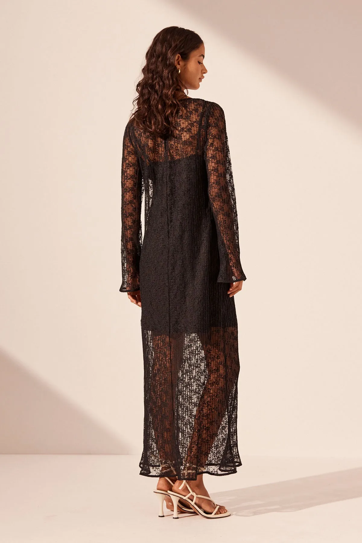 SOL LACE LONG SLEEVE MIDI DRESS - BLACK