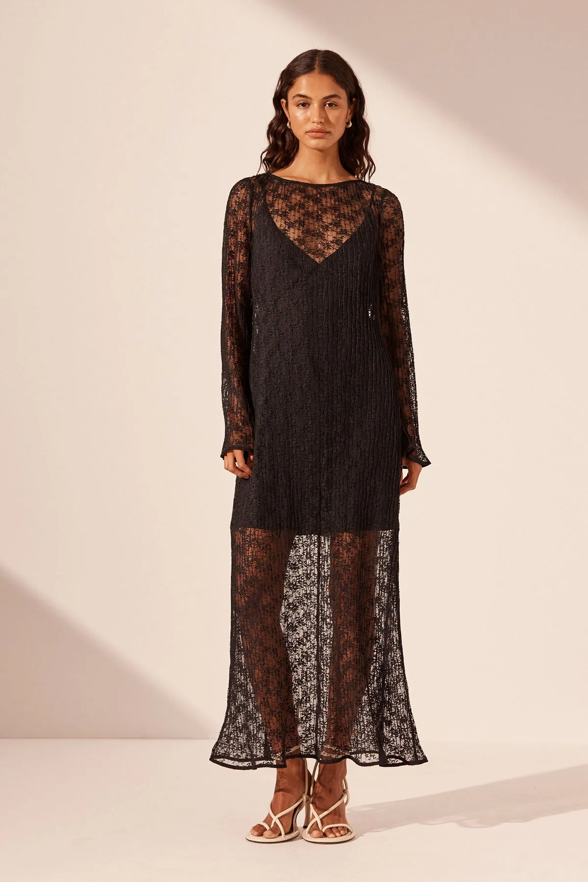 SOL LACE LONG SLEEVE MIDI DRESS - BLACK