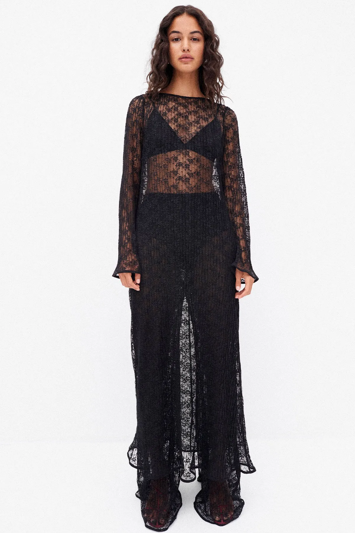 SOL LACE LONG SLEEVE MIDI DRESS - BLACK