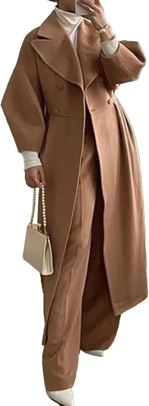 SOMTHRON Women's Casual Trench Coat Double Breasted Notched Lapel Long Lantern Sleeve Jacket Overcoat Pea Coat
