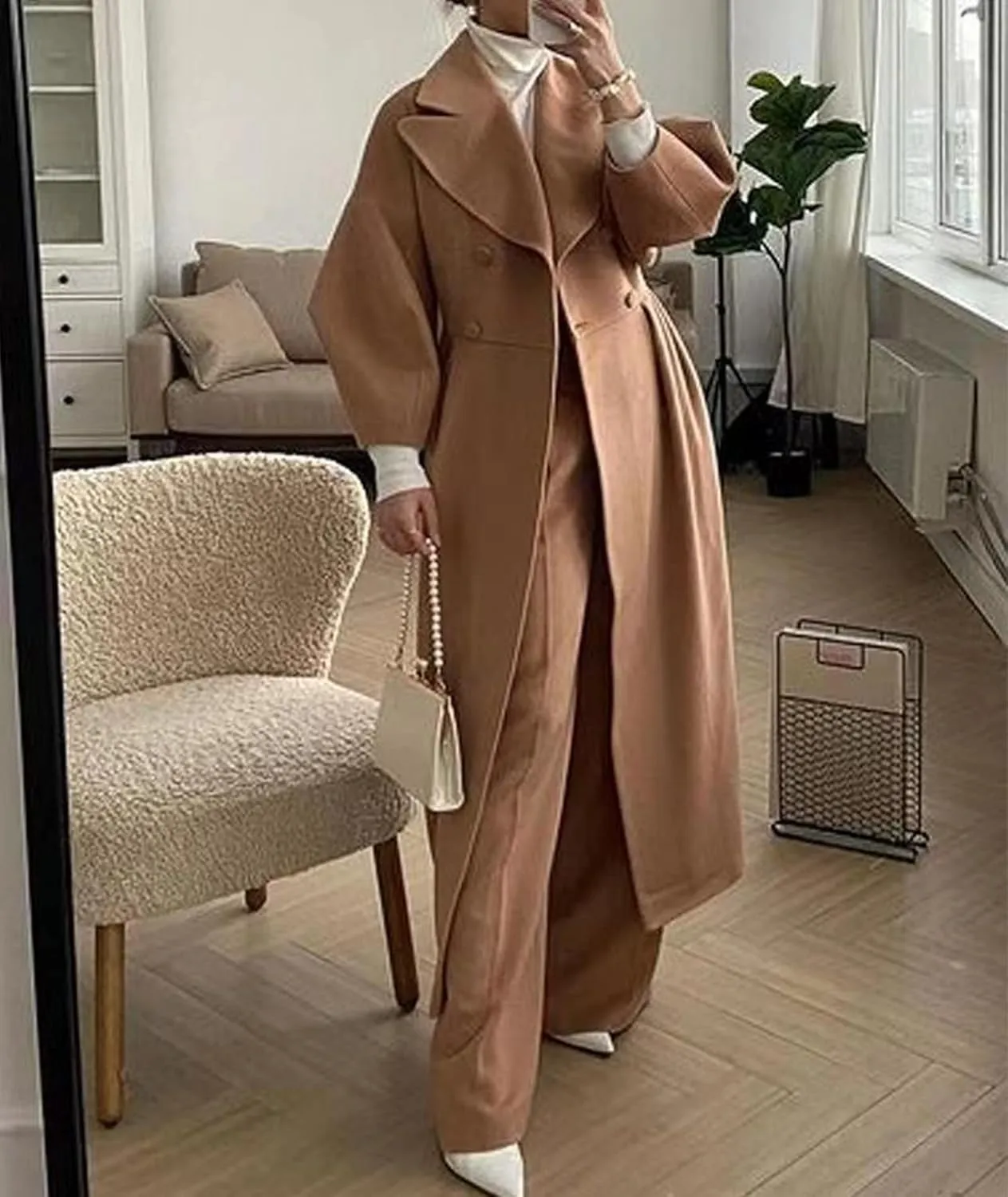 SOMTHRON Women's Casual Trench Coat Double Breasted Notched Lapel Long Lantern Sleeve Jacket Overcoat Pea Coat