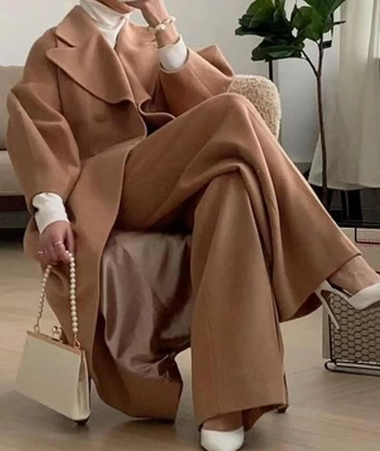 SOMTHRON Women's Casual Trench Coat Double Breasted Notched Lapel Long Lantern Sleeve Jacket Overcoat Pea Coat