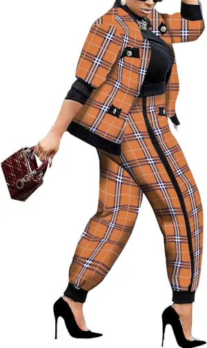 SOMTHRON Womens Houndstooth Print 2 Piece Outfit Zip Up Long Sleeve Jacket Long Pants Set Work Suits Tracksuit
