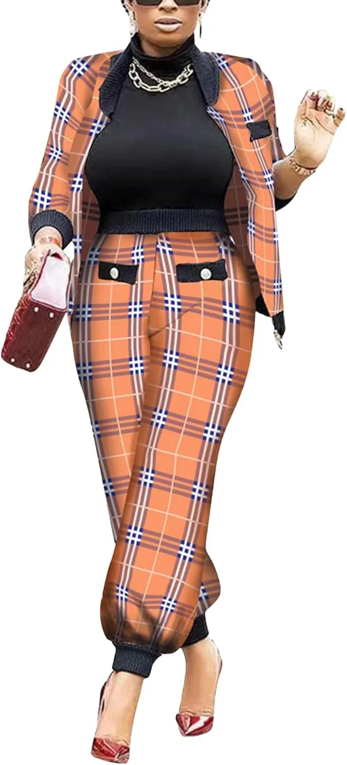 SOMTHRON Womens Houndstooth Print 2 Piece Outfit Zip Up Long Sleeve Jacket Long Pants Set Work Suits Tracksuit
