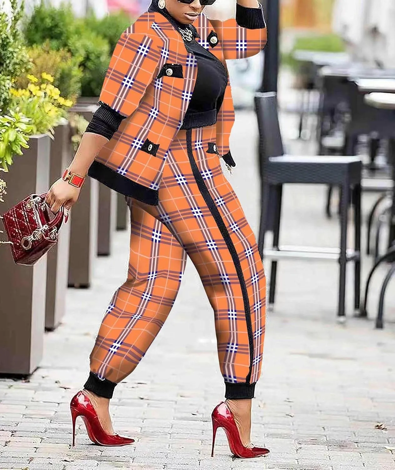 SOMTHRON Womens Houndstooth Print 2 Piece Outfit Zip Up Long Sleeve Jacket Long Pants Set Work Suits Tracksuit